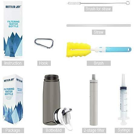 Water Bottle with Filter BOTTLED JOY 25oz BPA Free with Replaceable 2-Stage Water Filter Straw Hollow Fiber Membrane Reusable for Hiking Camping Backpacking Hunting Fishing Emergency Survival