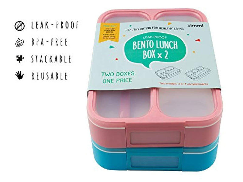 Zimmi Lunch Box Set of 2 Leakproof Lunch Containers, Pink Blue, 3-4 Insulated Compartments, Lightweight Bento Lunch Boxes for Kids Adults Athletes, Fit for Meal Prep, Snacks, Portion Control