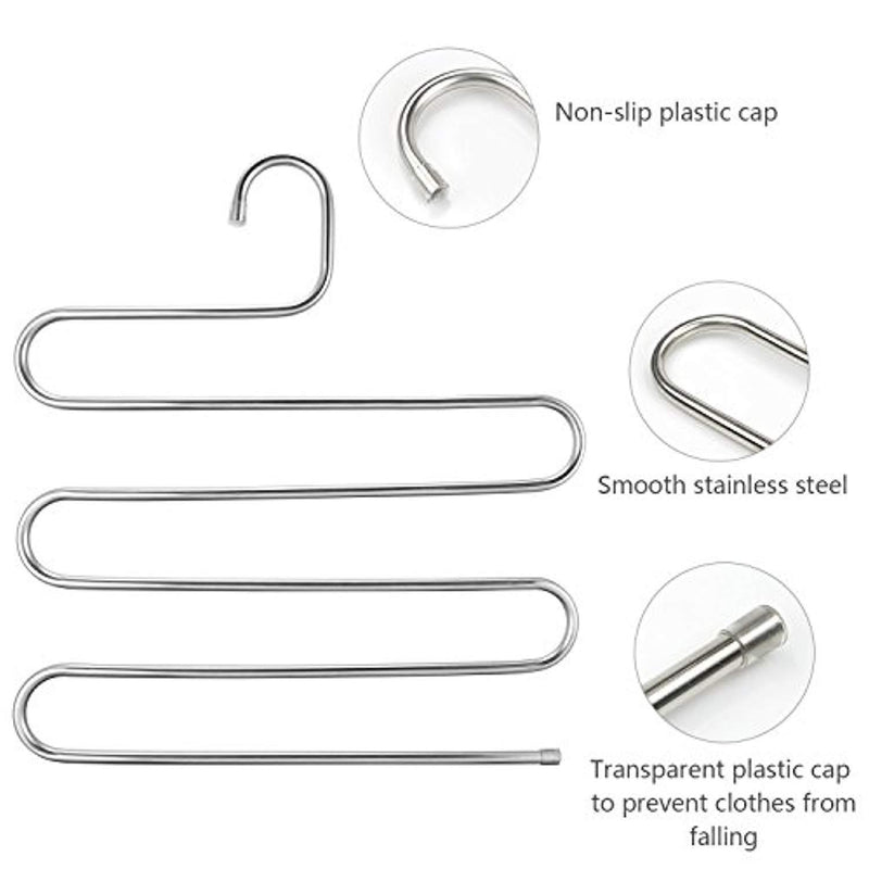 Elover Pants Hangers [4 Pack] S-Type Stainless Steel Multi Layers Jeans Hangers, Multi-Purpose Closet Storage Organizer for Pants Jeans Tie Scarf Towel Clothes, Space Saving Storage Rack