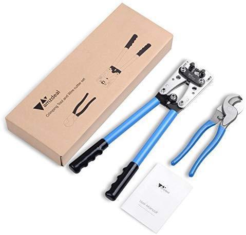 amzdeal Wire Crimper Battery Cable Crimping Tool for 0, 2, 4, 6, 8, 10 AWG Cable Lug Crimper with Cable Cutter (Improved)
