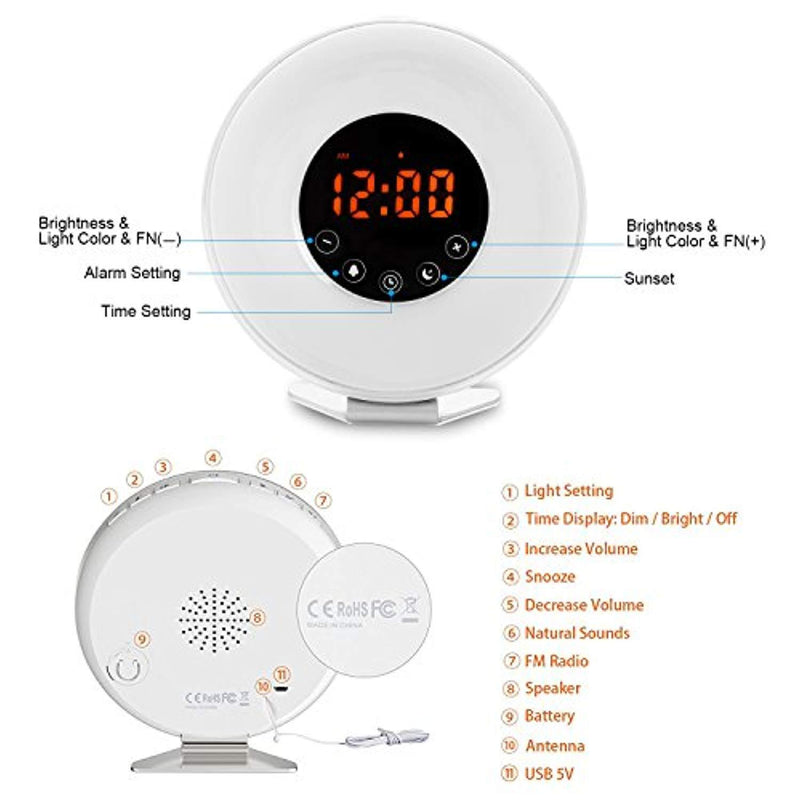 Wake Up Light Alarm Clock, [2018 UPGRADED] Digital Alarm Clock with Sunrise Simulation, 7 Colors Night Light, 6 Nature Sounds, FM Radio for Bedrooms and Heavy Sleepers