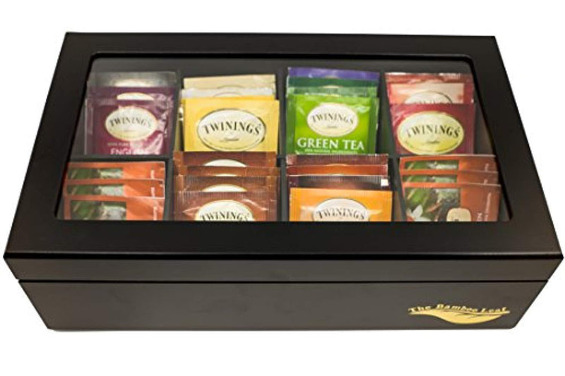 The Bamboo Leaf Wooden Tea Box Storage Chest, 8 Compartments w/Glass Window (Black)
