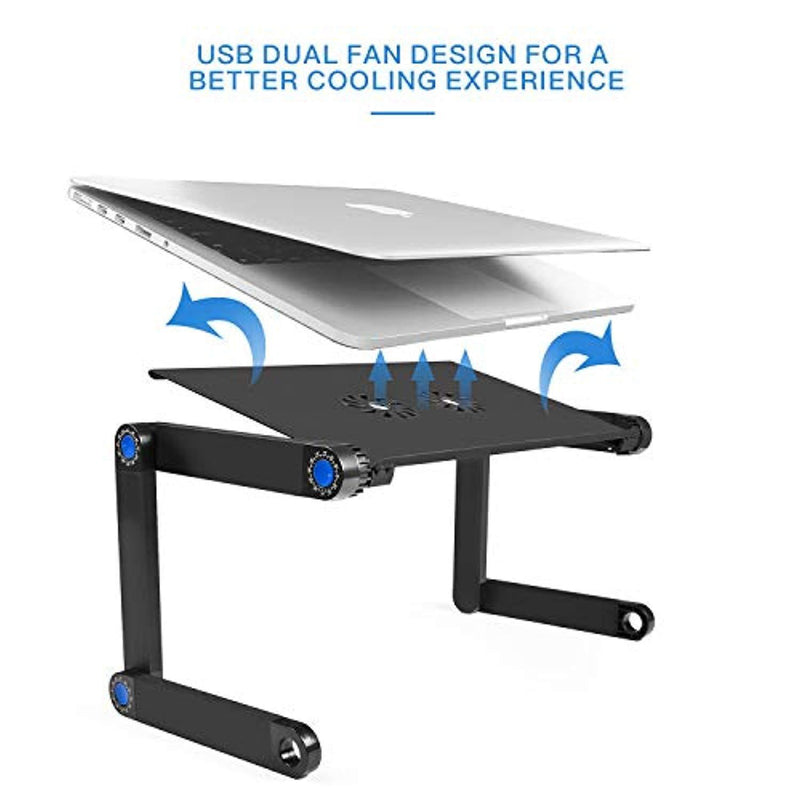 CNDT Adjustable Standing Laptop Desk Stand Table Portable Aluminum Lap Riser Holder with Dual-Cooling Fans for Bed Couch Sofa (Black)