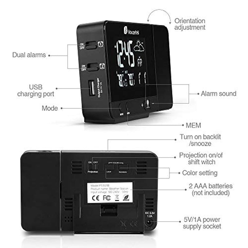 Projection Clock, Digital Projection Alarm Clock with Weather Station, Indoor/Outdoor Thermometer, USB Charger, Dual Alarm Clocks for Bedrooms, LED Display with Dimmer, 12/24 Hours