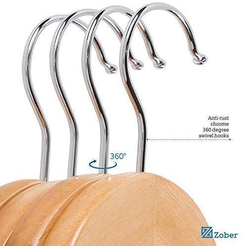 Zober Solid Wood Suit Hangers - 20 Pack - with Non Slip Bar and Precisely Cut Notches - 360 Degree Swivel Chrome Hook - Natural Finish Super Sturdy and Durable Wooden Hangers