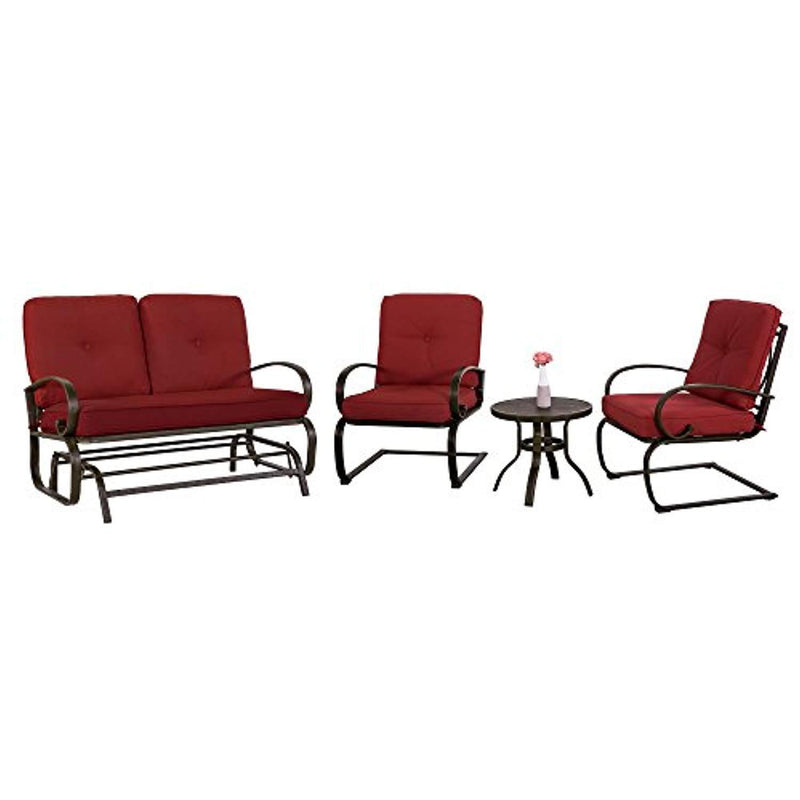 Cloud Mountain 4 Piece Metal Conversation Set Cushioned Outdoor Furniture Garden Patio Wrought Iron Conversation Set Coffee Table Loveseat Sofa 2 Chairs, Brick Red