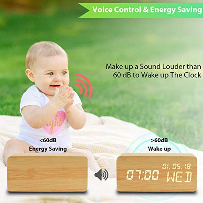 Luckymore Alarm Clock,Wood Alarm Clock Digital Clock LED Small Desk Clock Voice Command Beside Wooden Clock Modern Decoration Mini Alarm Clocks 3 Alarms 3 Level Brightness Show Time Date Week