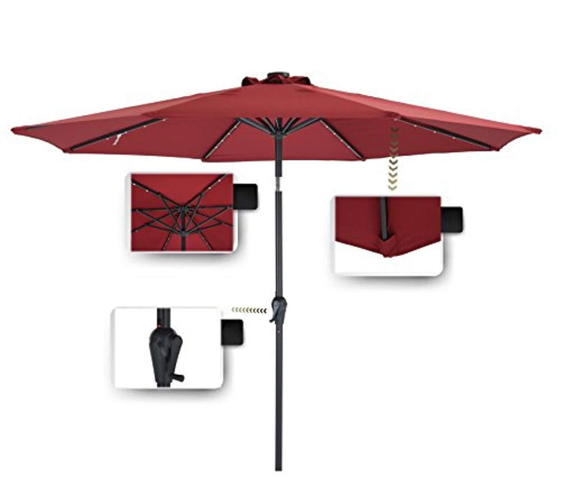 Patio Watcher 9 FT Patio LED Umbrella Solar Powered Outdoor Umbrella, 40 LED with 2 Charge Modes(Solar and Adaptor),250GSM Fabric with Push Button Tilt and Crank,Red