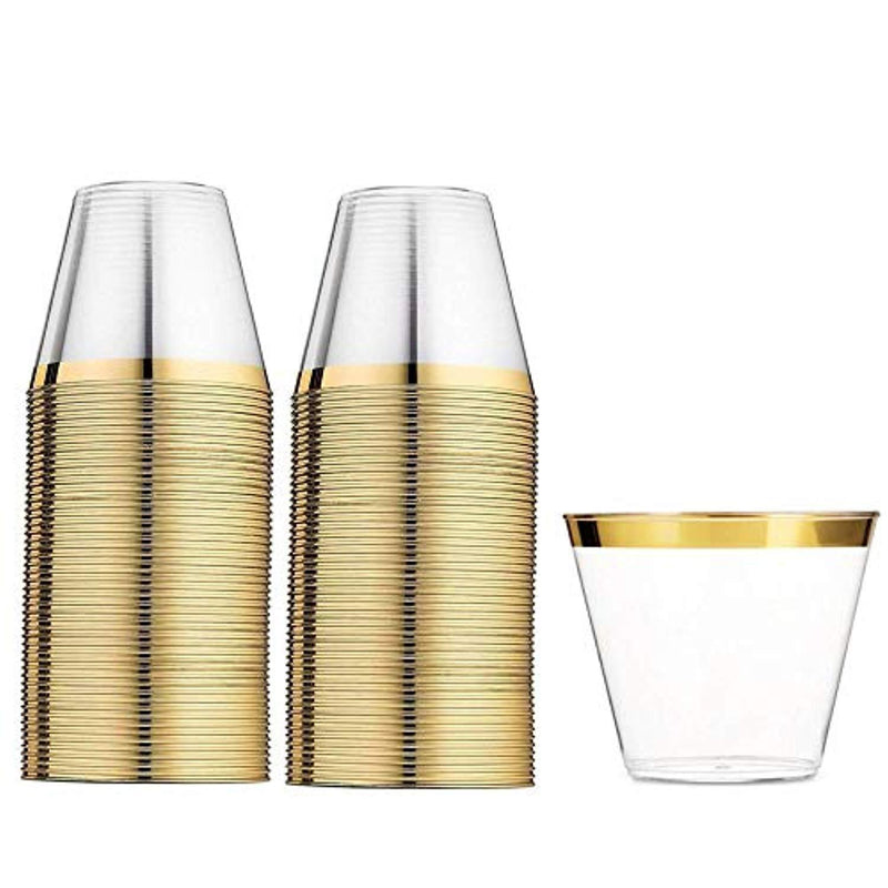 110 Gold Plastic Cups 9 Ounce - Elegant Disposable Clear Gold Rimmed Tumbler - Fancy Heavy Duty - Wedding Party Decoration Glasses with Gold Trim - Elegant Old Fashioned
