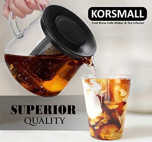 KORSMALL Cold Brew Maker and Tea Infuser, 1.5L/50oz Premium Glass Pitcher with Lid Removable and Reusable Filter Perfect for Hot or Iced Coffee, 1.5L / 50oz, black clear