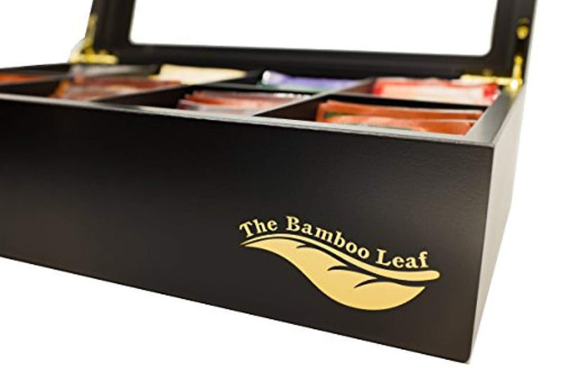 The Bamboo Leaf Wooden Tea Box Storage Chest, 8 Compartments w/Glass Window (Black)