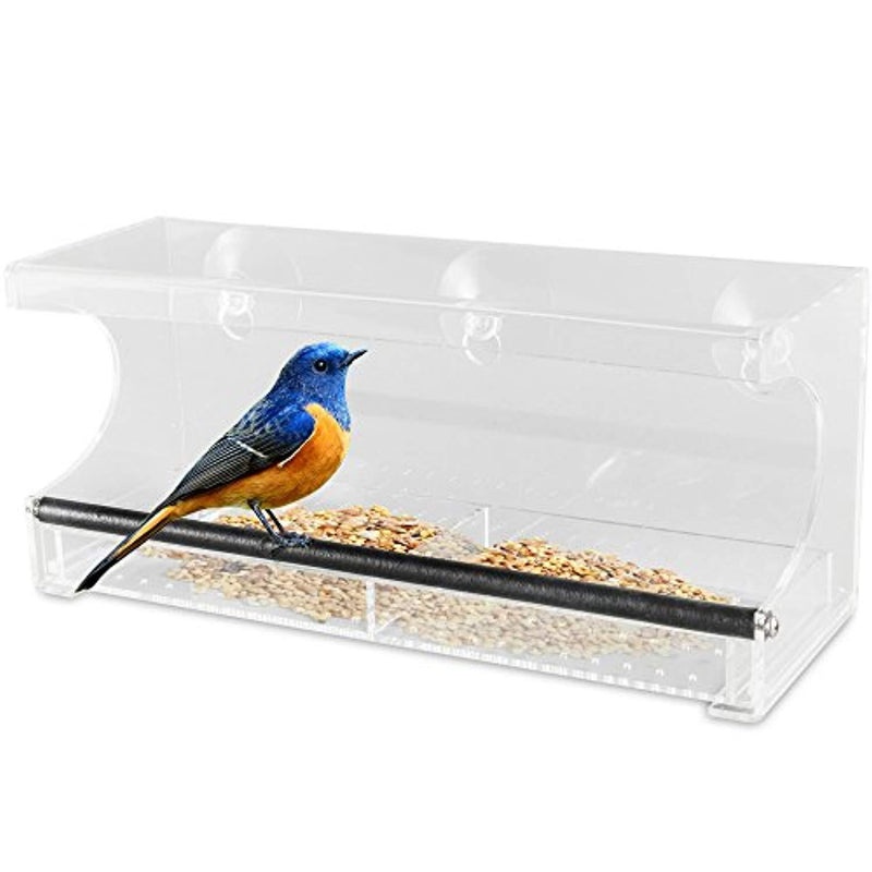 Outdoor Prospects Window Bird Feeder - Extra Strong Suction Cups - Free Bonus Set Included - Easy to Clean Sliding Seed Tray - Sturdy Perch - Modern Outdoor All Weather Design for Wild Birds