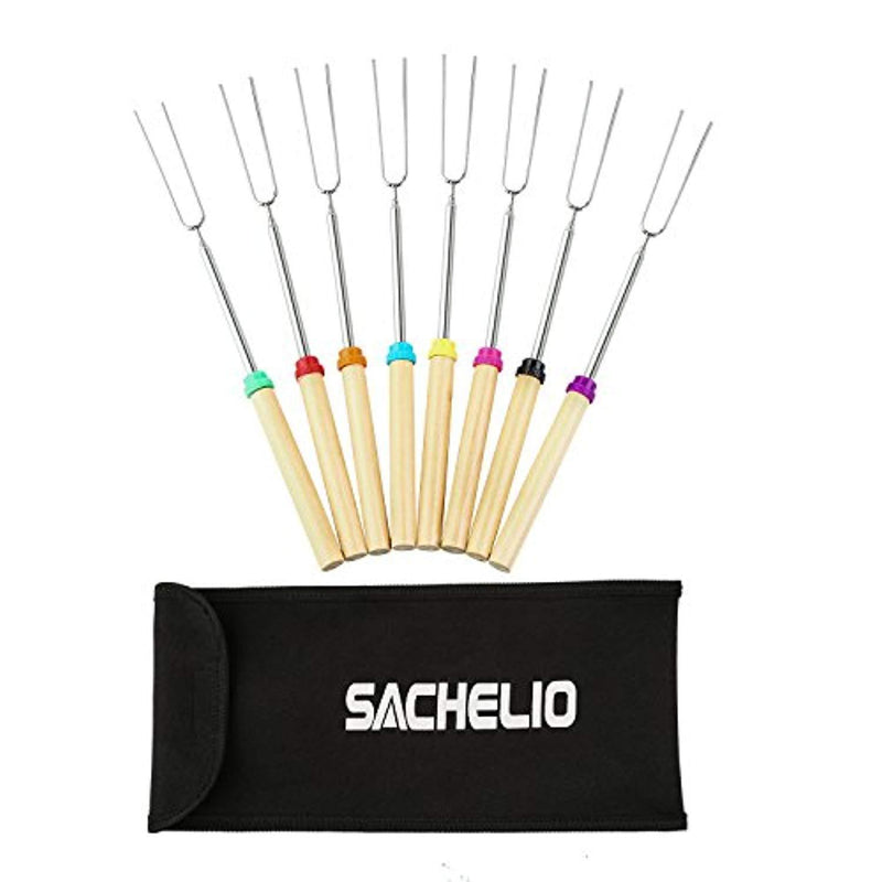 Sachelio Marshmallows BBQ Sticks Stainless Steel Retractable Wood Handle 32-inch Portable Barbecue fork（Set of 8）