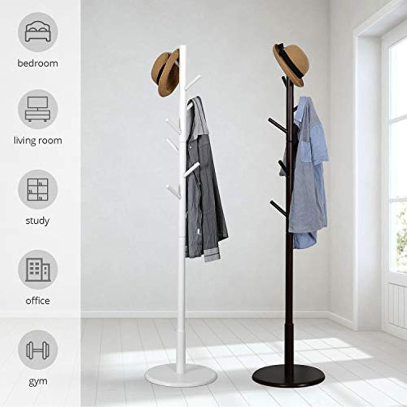 Vlush Sturdy Wooden Coat Rack Stand, Entryway Hall Tree Coat Tree with Solid Round Base for Hat,Clothes,Purse,Scarves,Handbags,Umbrella-(8 Hooks,Dark Brown)