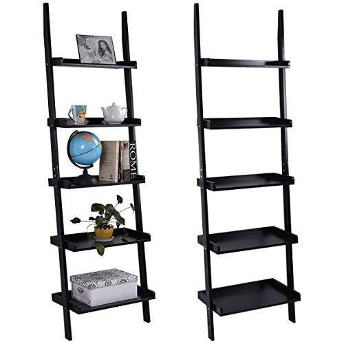 LEAN ON US Tangkula Ladder Bookcase 5-Tier Wood Leaning Shelf Wall Plant Shelf Ladder for Home Office Modern Flower Book Display Shelf Storage Rack Stable A-Frame Wooden Ladder Shelf (Black)