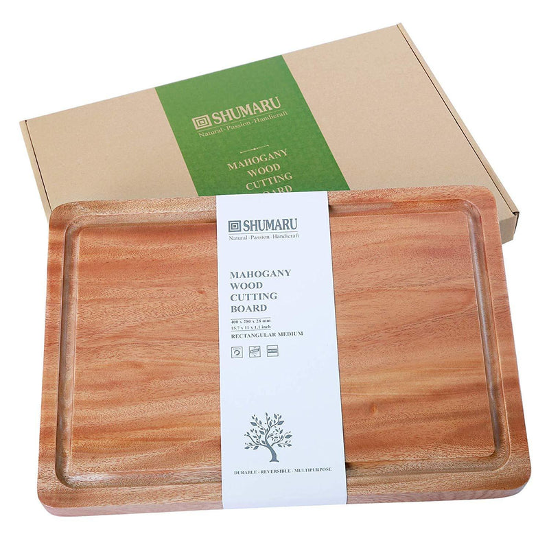Super-Durable Mahogany Wood Cutting Board with Juice Drip Groove and Handle | 15.7 x 11 x 1.1" Thick Heavy Duty One-Piece Wooden Chopping Butcher Block Countertop - 5.5 lb