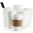 100 Pack 12 oz Disposable Hot Paper Coffee Cups with Lids, Sleeves and Straws to Go - White Drink Hot Cup from Eupako