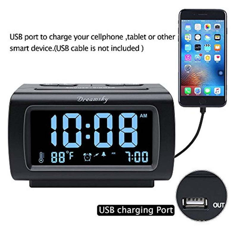 DreamSky Decent Alarm Clock Radio with FM Radio, USB Port for Charging, 1.2" Blue Digit Display with Dimmer, Temperature Display, Snooze, Adjustable Alarm Volume, Sleep Timer.