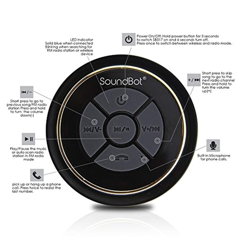 SoundBot SB517FM IPX7 Water-Proof Bluetooth Speaker with FM Radio Speaker (Black/Black)