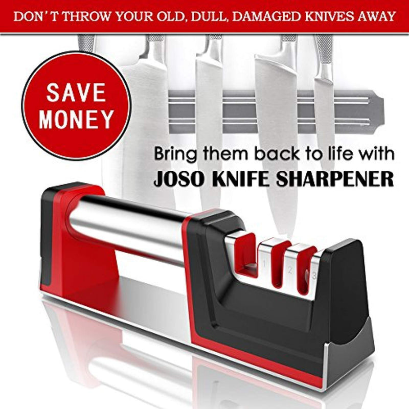 Professional Kitchen Knife Sharpener JOSO 3 Stage Stainless Steel Chef Knife Sharpener with Diamond Tungsten Ceramic for Dull Steel, Paring, Chefs and Pocket Knives, Sharpens Scissors Quickly