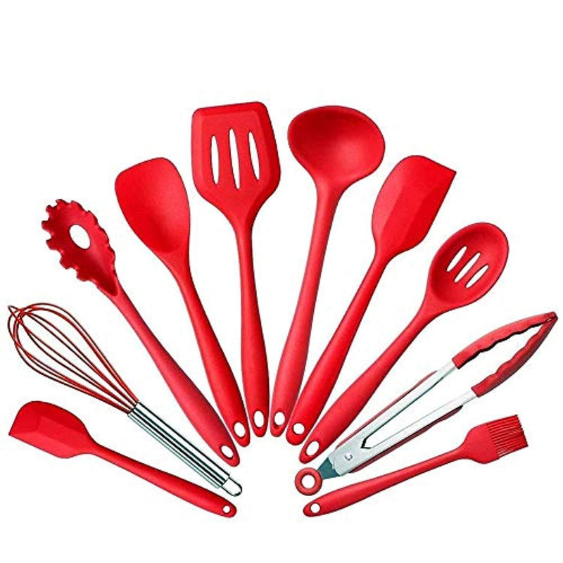 10Pcs/set Silicone Heat Resistant Kitchen Cooking Utensils Non-Stick Baking Tool tongs ladle gadget by BonBon (Red)