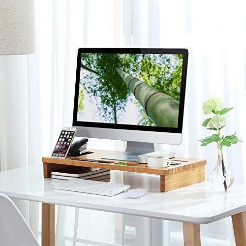 SONGMICS Monitor Stand Riser with Storage Organizer Office Computer Desk Laptop Cellphone TV Printer Stand Desktop Container Bamboo Wood Natural ULLD201