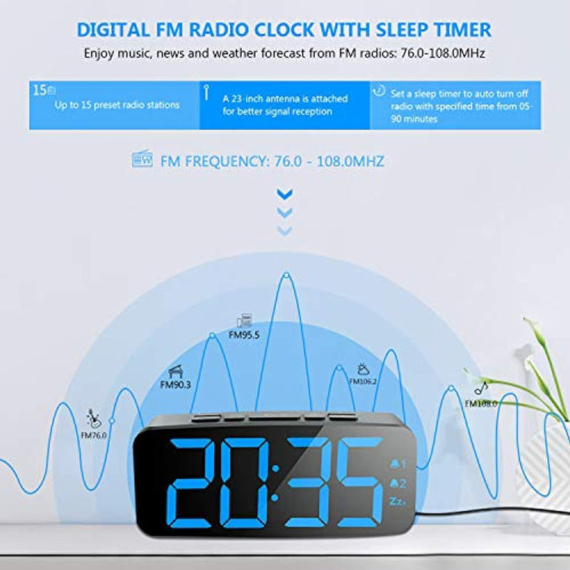 HAPTIME Digital Alarm Clock with FM Radio Dual-Alarm Snooze Large LED Display 12hr 24hr Format and Brightness Adjustable for Bedroom, Powered by USB Port and Backup Battery for Clock-Setting (Black)