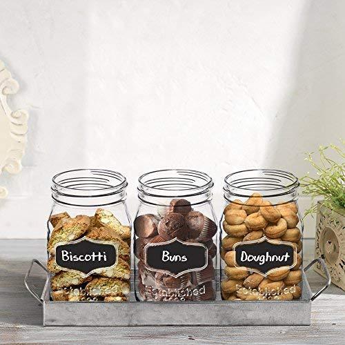3 Glass Mason Jars with Black Chalk Label - 17 Ounces Clear Chalkboard Mugs on Galvanized Caddy with Handle - Home and Party Drinkware Set, Utensil Organizer, Vintage Rustic Decor Set