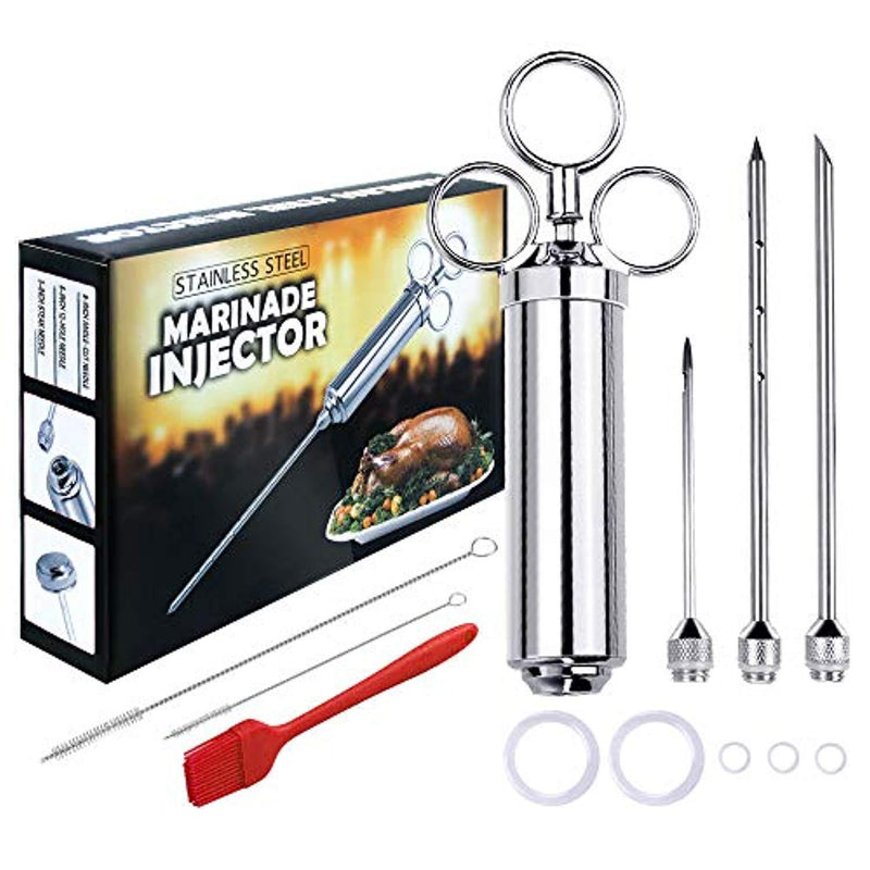 Upgraded Meat Injector Kit, Premium Medical Grade Stainless Steel Meat Syringe Kit with Marinade Needles, Spare O-Rings, Cleaning Brushes & Free Basting Brush - Great Tender, Juicy, Melt in your Mouth