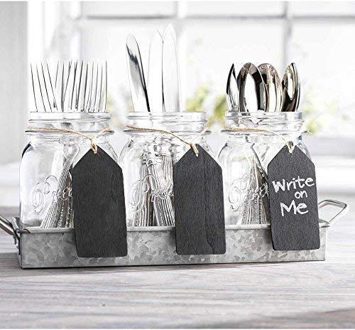 3 Glass Mason Jars with Black Chalk Label - 17 Ounces Clear Chalkboard Mugs on Galvanized Caddy with Handle - Home and Party Drinkware Set, Utensil Organizer, Vintage Rustic Decor Set