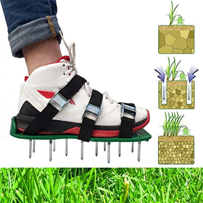 R&H Lawn Aerator Shoes with Upgrated Zinc Alloy Buckles Spikes Aerator Sandals for Aerating Your Grass Lawn or Yard 3 Straps Universal Size for a Greener and Healthier Garden (Green)
