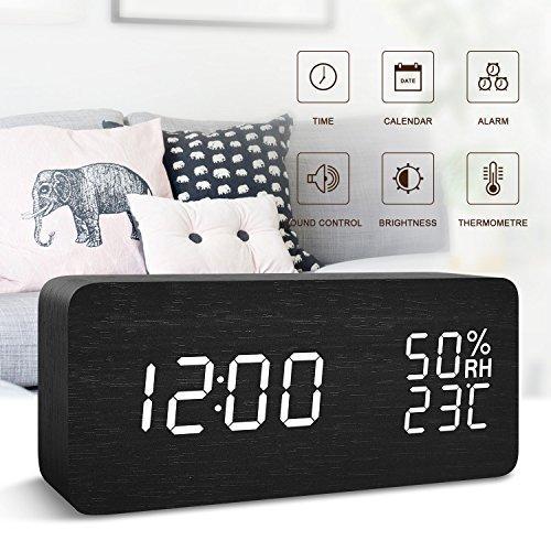 BlaCOG Alarm Clock Digital Desk Wooden Alarm Clock Upgraded with Time Temperature, Adjustable Brightness, 3 Set of Alarm and Voice Control - Bamboo