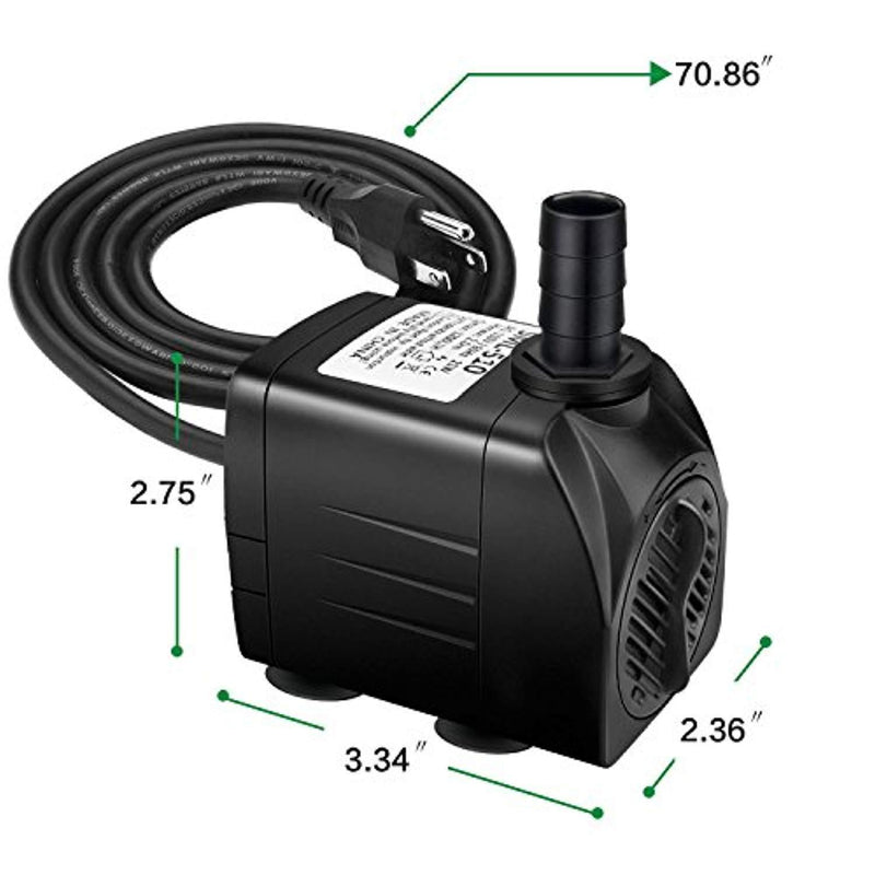 Jhua Water Pump 300GPH (1200L/H, 21W) Submersible Water Pump, Ultra Quiet Fountain Water Pump with 5.9ft Power Cord, 3 Nozzles for Aquarium, Fish Tank, Pond, Statuary, Hydroponics