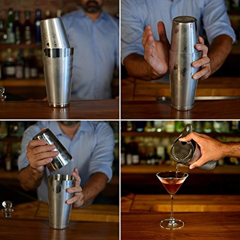 Boston Shaker Set: Professional two-piece Stainless Steel Cocktail Shaker set with Hawthorne Strainer and Japanese Jigger