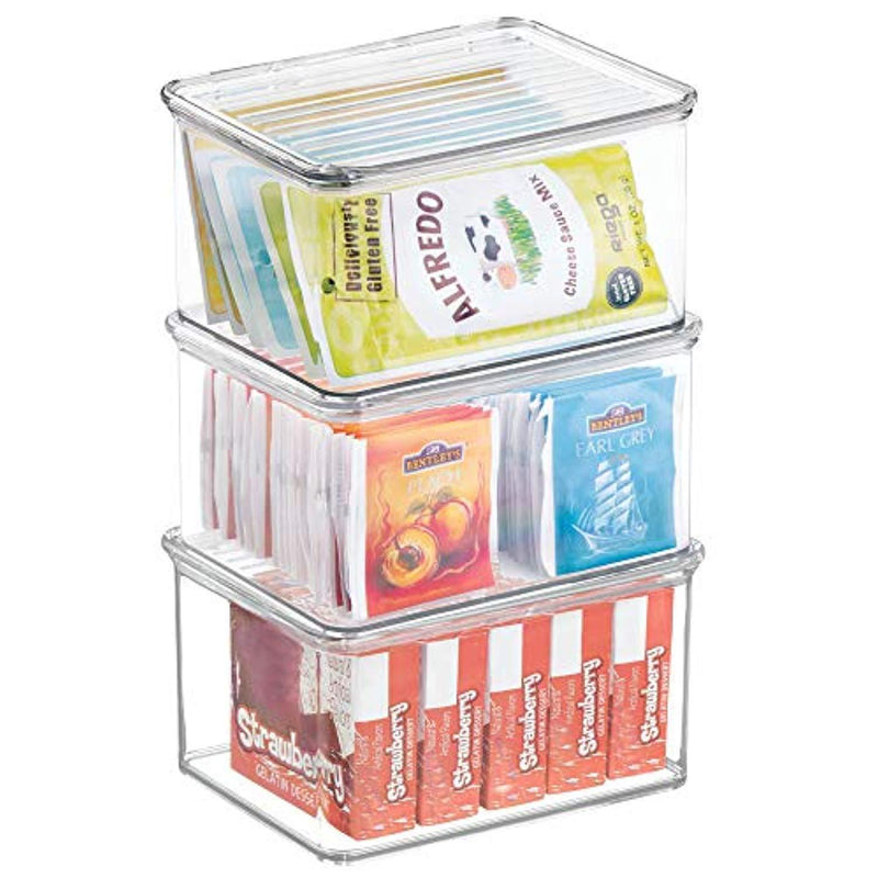 mDesign Stackable Kitchen Pantry Cabinet or Refrigerator Storage Bin with Attached Hinged Lid - Compact Food Storage Organizer for Coffee, Tea and Food Packets, Snacks - BPA Free, Pack of 3, Clear