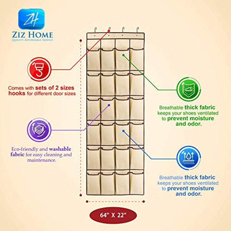 Ziz Home Over The Door Shoe Organizer | 24 large Mesh Pockets with 4 Hooks | Heavy Duty Fabric | Hanging Shoe Rack Over The Door | Hanging shoe organizer for Closet Shoes Storage | Hang On Behind Back