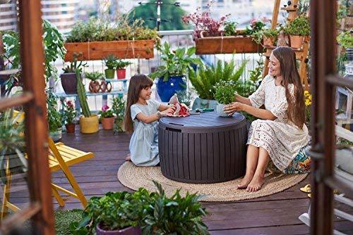 Keter 230897  Circa Natural Wood Style Round Outdoor Storage Table D, 37 Gallons,  26.7 in. Diameter x 16.5 in Height.