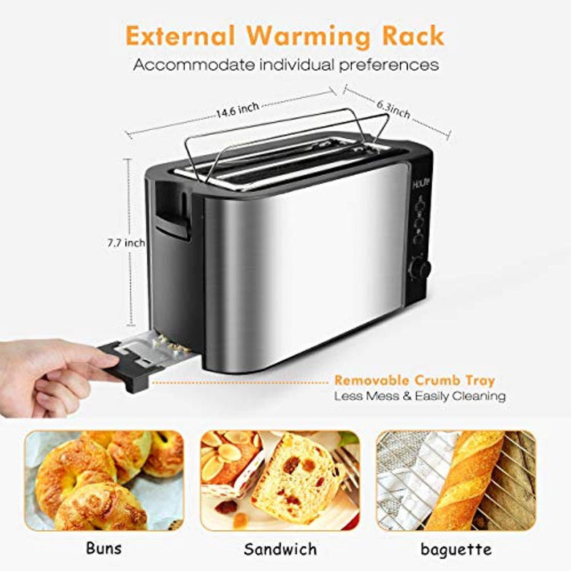 HoLife 4 Slice Long Slot Toaster Best Rated Prime, Stainless Steel Bread Toasters with Warming Rack, 6 Bread Shade Settings, Defrost/Reheat/Cancel Function, Extra Wide Slots, Removable Crumb Tray