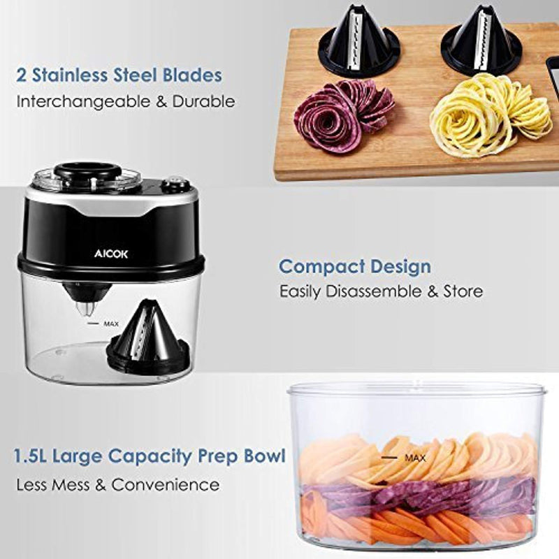 Spiralizer Aicok Electric Spiralizer Spiral Slicer with 120 Watt Motor and 2 Stainless Steel Blades for Spiral Cutting Vegetables Noodle Maker Zucchini, Carrots, Cucumbers, Potatoes and More, 1.5 L