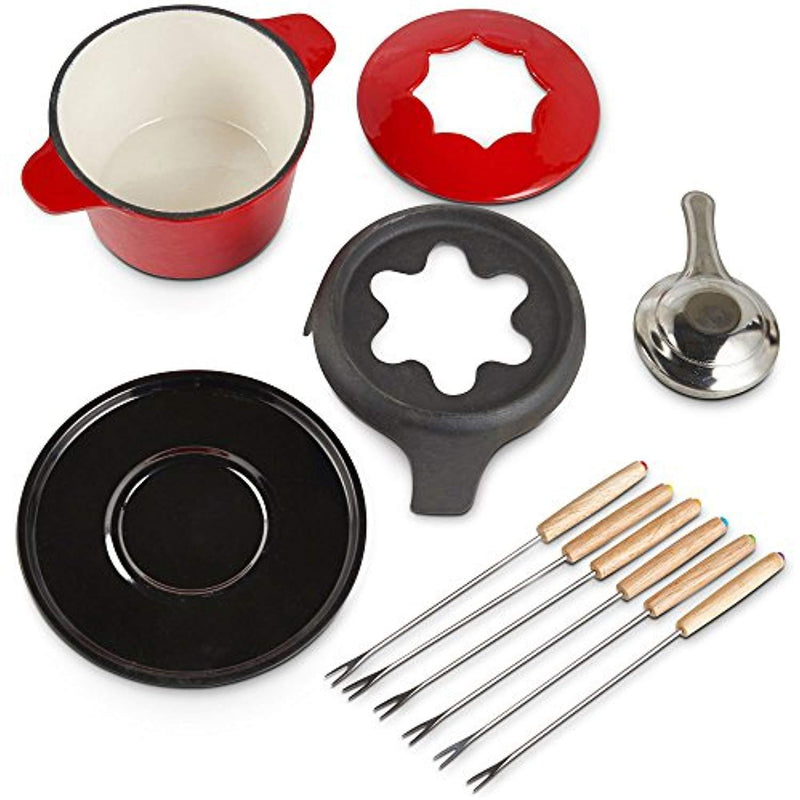 VonShef Fondue Set with 6 Forks Stylish Cast Iron Porcelain Enamel Pot Makes All Styles of Fondue Such as Cheese and Chocolate 63 fl oz Capacity 12pc Set Red