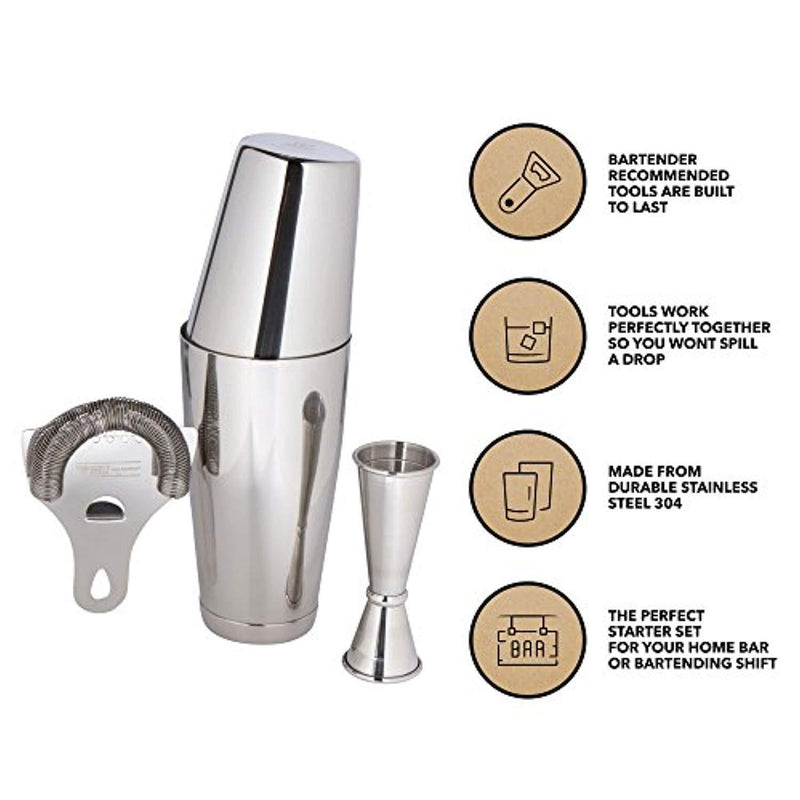 Boston Shaker Set: Professional two-piece Stainless Steel Cocktail Shaker set with Hawthorne Strainer and Japanese Jigger
