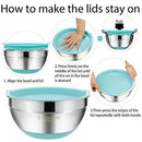 Mixing Bowls with Airtight Lids, 6 piece Stainless Steel Metal Bowls by Umite Chef, Measurement Marks & Colorful Non-Slip Bottoms Size 7, 3.5, 2.5, 2.0,1.5, 1QT, Great for Mixing & Serving