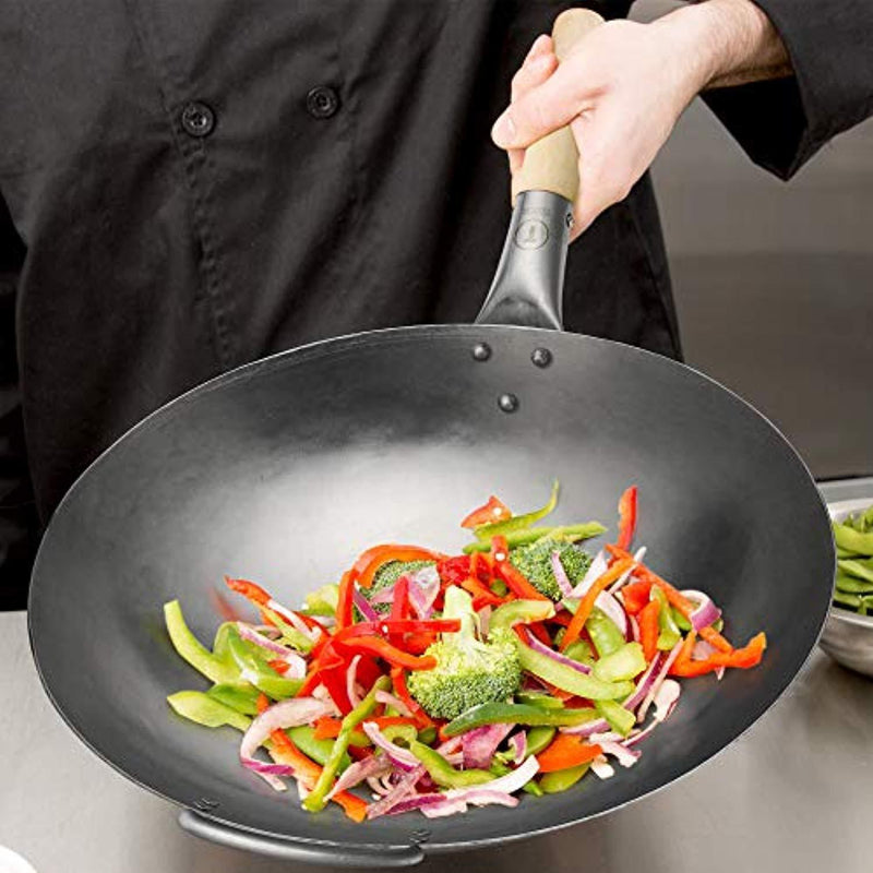 Pow Wok Stir Fry Pan - Hand Hammered Carbon Steel (14 inch, Round Bottom) by Tesor