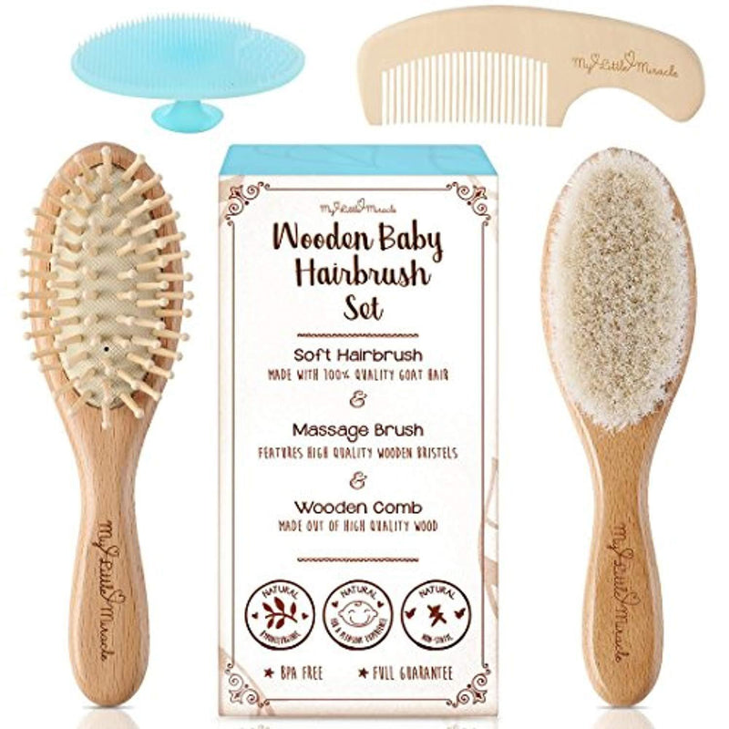 4 Piece Wooden Baby Hair Brush and Comb Set - Natural Soft Goat Bristles | Wood Bristles for Massage | Helps To Prevent or Cradle Cap - for Newborns and Toddlers | Perfect Baby Shower & Registry Gift