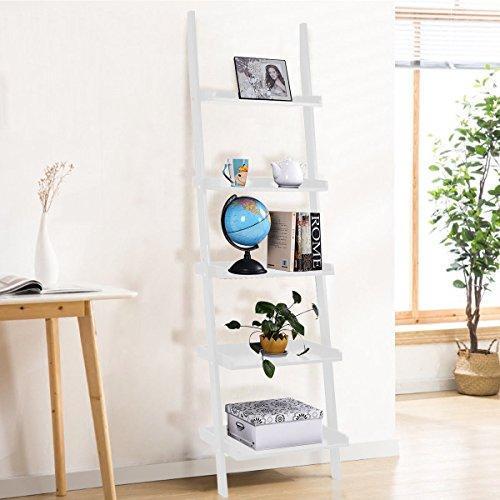 LEAN ON US Tangkula Ladder Bookcase 5-Tier Wood Leaning Shelf Wall Plant Shelf Ladder for Home Office Modern Flower Book Display Shelf Storage Rack Stable A-Frame Wooden Ladder Shelf (Black)