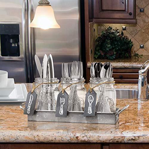 3 Glass Mason Jars with Black Chalk Label - 17 Ounces Clear Chalkboard Mugs on Galvanized Caddy with Handle - Home and Party Drinkware Set, Utensil Organizer, Vintage Rustic Decor Set