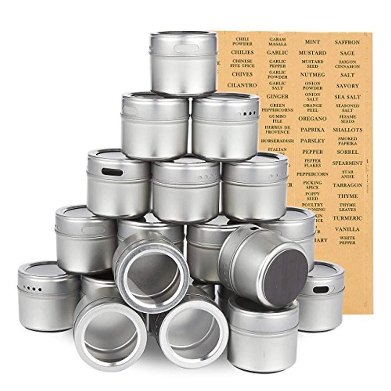 Juvale 20-Pack Magnetic Spice Containers - Storage Tins with Transparent Lids, Seasoning Organizers, Metal Spice Jars, Includes 94 Labelling Stickers - Holds 3.4 Oz