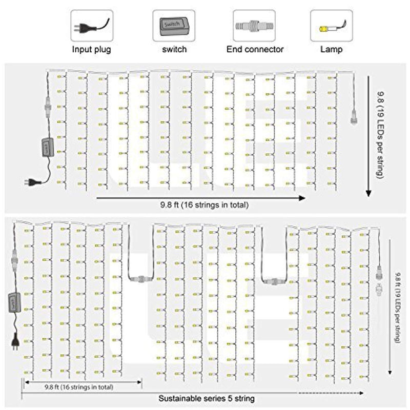 Neretva Window Curtain Icicle Lights, 304 LEDs String Fairy Lights, 9.8x9.8ft, 8 Modes Linkable , Daylight White , Christmas/Wedding/Party Backdrops Decorative Lights
