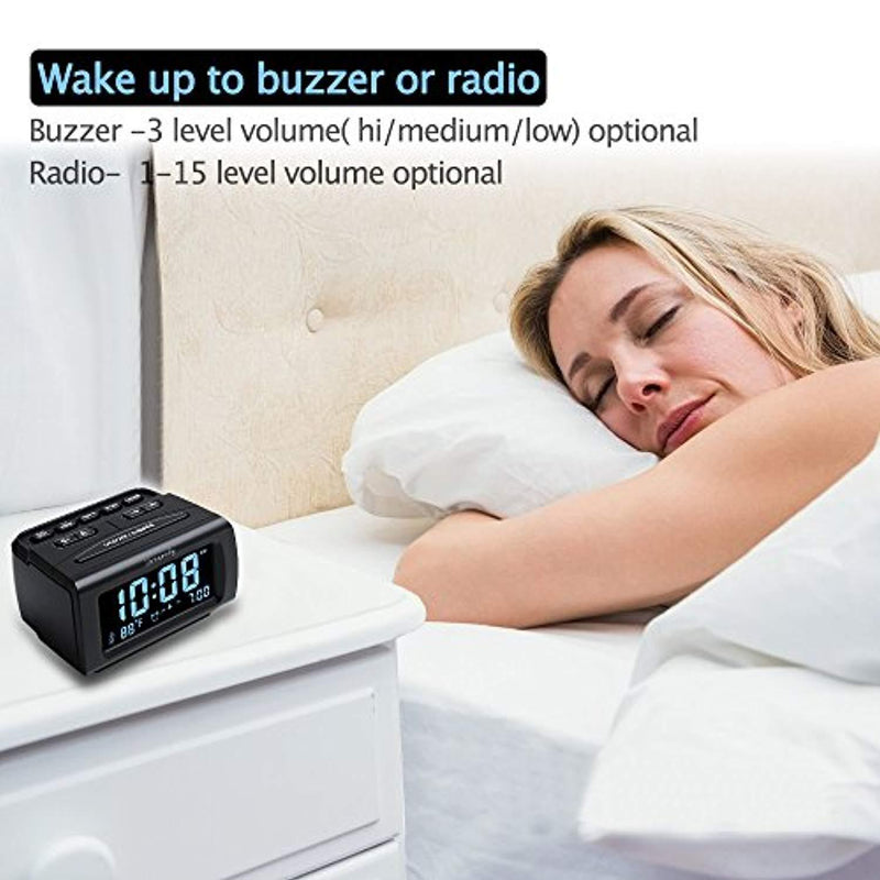 DreamSky Deluxe Alarm Clock Radio with FM Radio, USB Port for Charging, 1.2" Blue Digit Display with Dimmer, Temperature Display, Snooze, Adjustable Alarm Volume, Sleep Timer