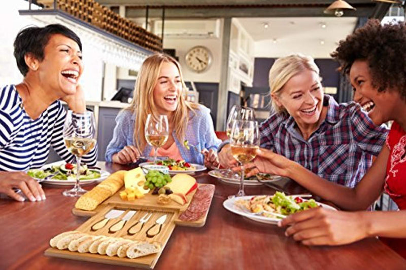 100% Natural Bamboo Cheese Board and Cutlery Set with Slide-out Drawer. Serving Tray for Wine, Crackers, Charcuterie. Perfect for Christmas, Wedding & Housewarming Gifts.